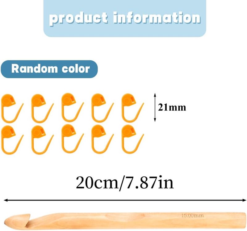 Dercuy Wooden Crochet Hooks, 15mm Wooden Handle Crochet Hook Bamboo Knitting Crochet Needles with 10 pcs Knitting Stitch Markers for Handcraft Crocheting - Image 2